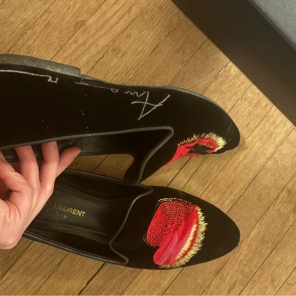 Saint Laurent Black and Red Embroidered Loafers - Picture 6 of 9